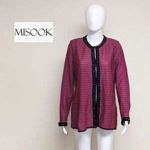 EXCLUSIVELY MISOOK Fuchsia/Black Knit Cardigan w/ Chic Bouclé Trim